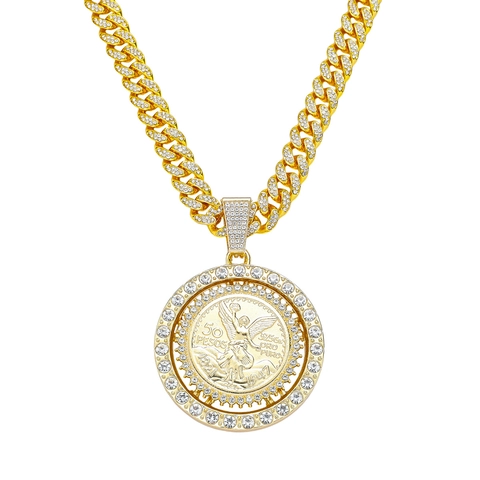 Hip Hop Iced Out Rotating Angel Coin Pendant Necklace For Men Zinc Alloy Rhinestone Cuban Link Chain Medallion Jewelry
