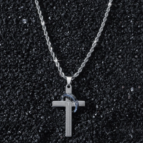 Collar con Colgante de Cruz de Hip Hop de Acero Inoxidable para Hombre Versículo de Oración de la Biblia en Español Grabado Regalo