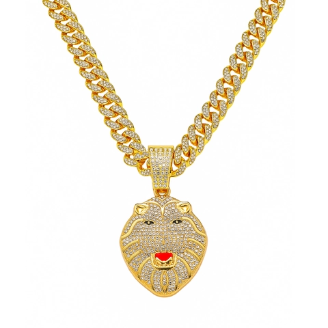 Collana con Pendente Testa di Leone Hip Hop per Uomo Lega di Zinco Iced Out Strass Catena Cubana Oro Argento Gioielli