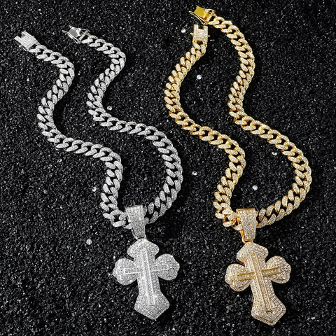 Hip Hop Herren Iced Out Kreuz Anhänger Halskette Zinklegierung Strass Pave Panzerkette Gold Silber Persönlichkeit Schmuck