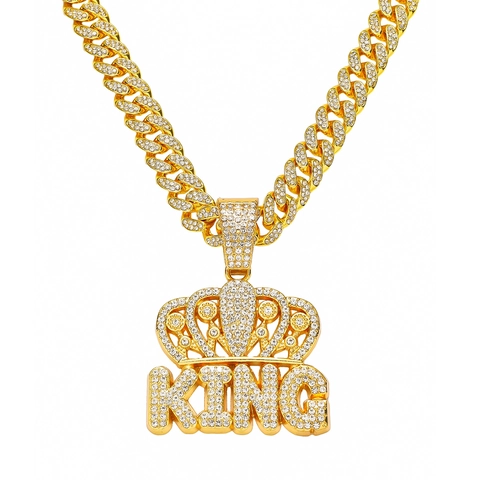 Collana con Ciondolo Re Corona Iced Out Hip Hop Uomo Lega di Zinco Strass Catena a Maglia Cubana Gioielli Street Moda