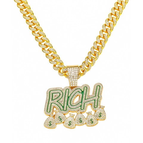 Hip-Hop RICH Buchstaben Anhänger Halskette Mit Geldbeuteln Zinklegierung Iced Out Strass Herren Panzerkette Halsketten Gold Silber