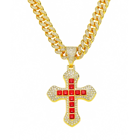 Collana con Ciondolo a Croce Hip Hop Uomo Iced Out Lega di Zinco Pietra Rossa Grandi Strass Catena Cubana Gioielli Strada