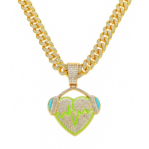 Hip Hop Men Heart Headphone Pendant Necklace Zinc Alloy Pave Rhinestone EKG Pulse Cuban Link Chain Streetwear Jewelry