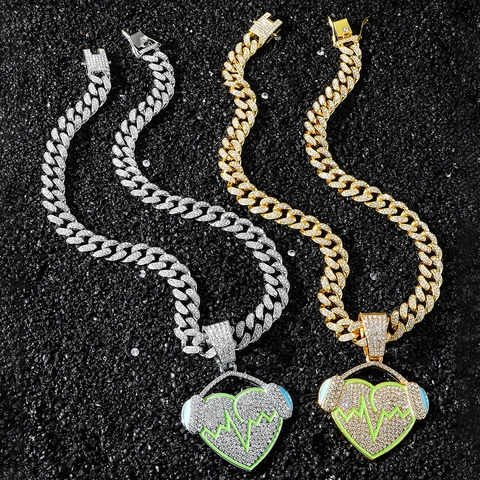 Hip Hop Men Heart Headphone Pendant Necklace Zinc Alloy Pave Rhinestone EKG Pulse Cuban Link Chain Streetwear Jewelry