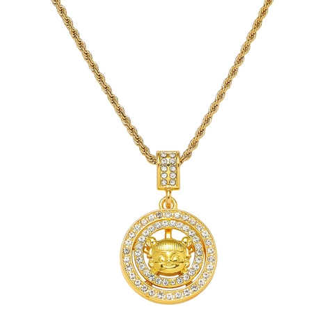 Collana con Ciondolo Rotondo Hip Hop in Lega di Zinco per Uomo Catena a Corda in Acciaio Inossidabile Oro Argento Strass Intarsiato Gioielli