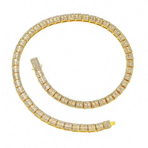 Hip Hop Men Alloy Rhinestone Tennis Chain Square Cut Inlaid Necklace Gold Silver Color Fashion Jewelry Accessories