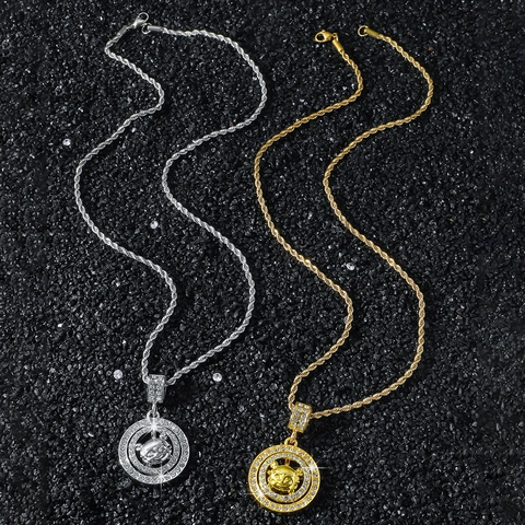 Collana con Ciondolo Rotondo Hip Hop in Lega di Zinco per Uomo Catena a Corda in Acciaio Inossidabile Oro Argento Strass Intarsiato Gioielli
