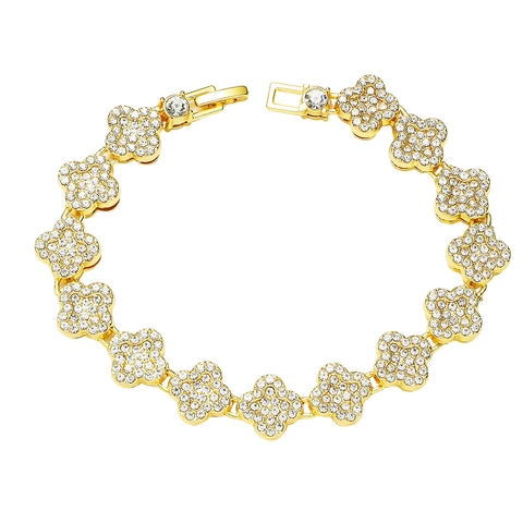 Pulsera Hip Hop para Hombre con Trébol de Cuatro Hojas y Strass en Aleación Chapada en Oro Plata Cadena Cuadrada Joyería Hip-hop Regalo