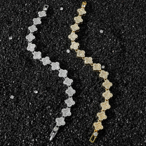 Pulsera Hip Hop para Hombre con Trébol de Cuatro Hojas y Strass en Aleación Chapada en Oro Plata Cadena Cuadrada Joyería Hip-hop Regalo