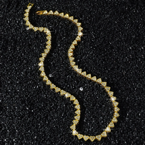 Collana e Bracciale da Donna Hip Hop a Forma di Cuore con Strass Catena Cubana Oro Argento Lega Gioielli di Moda Accessorio