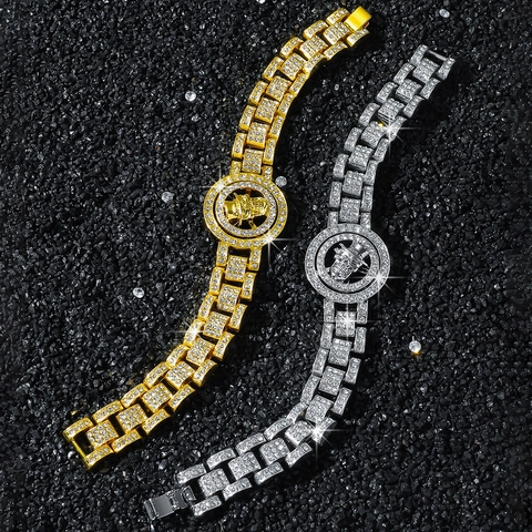 Bracciale Hip Hop da Uomo con Teschio Rotante con Strass in Lega Stile Cinturino Orologio Punk Party Gioielli Oro Argento