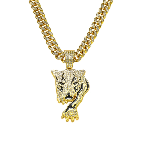 Men Hip Hop Leopard Head Pendant Necklace Zinc Alloy Rhinestone Pave Cuban Link Chain Iced Out Gold Silver Animal Jewelry Gift
