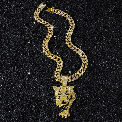 Iced Out Hip Hop Leopardenkopf Anhänger Halskette Für Herren Gold Silber Galvanisiert Zinklegierung Strass Panzerkette Schmuck