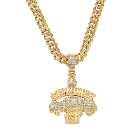 Hip Hop Men Zinc Alloy Rhinestone Get Money Fist Pendant Necklace Cuban Link Chain Jewelry Gold Silver Necklaces For Party