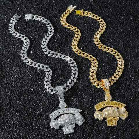 Hip Hop Men Zinc Alloy Rhinestone Get Money Fist Pendant Necklace Cuban Link Chain Jewelry Gold Silver Necklaces For Party