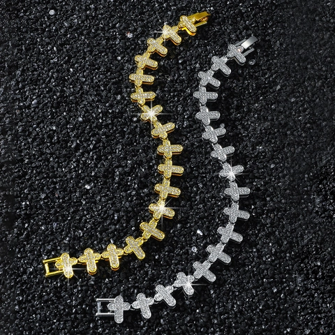 Hip Hop Iced Out Cross Chain Link Bracelet For Men Women Alloy Rhinestone Paved Streetwear Fashion Jewelry Wristband Gift