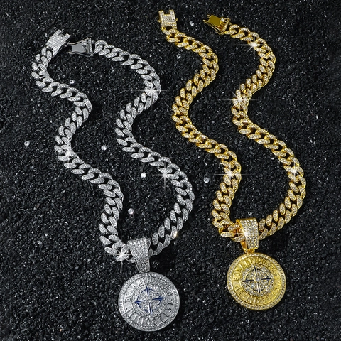 Hip Hop Kompass Anhänger Halskette Für Herren Zinklegierung Panzerkette Strass Individueller Street Style Modeschmuck