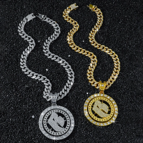Collana con Pendente a Lettera B Rotante Hip Hop Uomo Iced Out in Lega di Zinco Strass Catena Cubana Gioielli Street