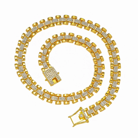 Collana a Catena Stile Cinturino Orologio Hip Hop Uomo Iced Out Lega Strass Gioielli Bracciale Moda Punk Regalo Uomo