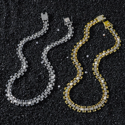 Collana a Catena Stile Cinturino Orologio Hip Hop Uomo Iced Out Lega Strass Gioielli Bracciale Moda Punk Regalo Uomo