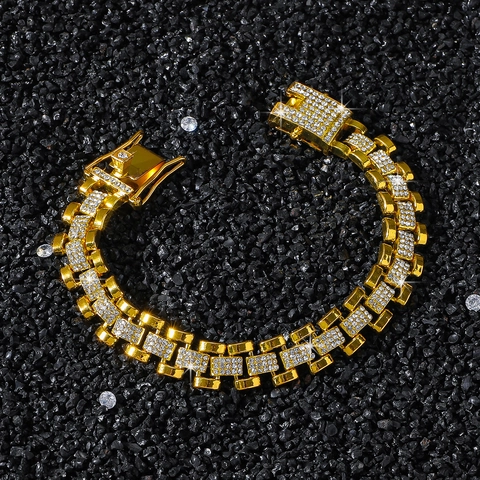 Herren Hip Hop Voll Besetzt Strass Uhrenarmband Kette Armband Zinklegierung Funkelnder Schmuck Für Party Street Style Armband