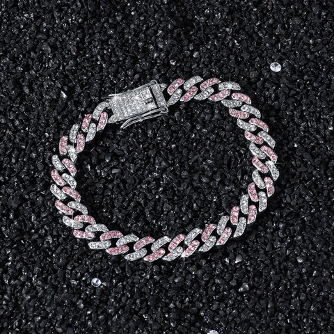 Women Hip Hop Wide Pave Pink White Rhinestone Rhombus Cuban Link Bracelet Alloy Silver Plated Jewelry Gift