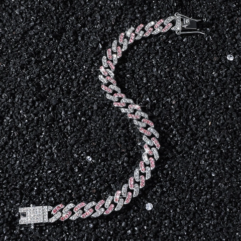 Women Hip Hop Wide Pave Pink White Rhinestone Rhombus Cuban Link Bracelet Alloy Silver Plated Jewelry Gift
