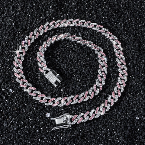 Collar de Cadena Cubana Hip Hop para Mujer de Aleación Incrustado con Diamantes de Imitación Color Plata Joyas Streetwear Personalizadas Collar Pulsera