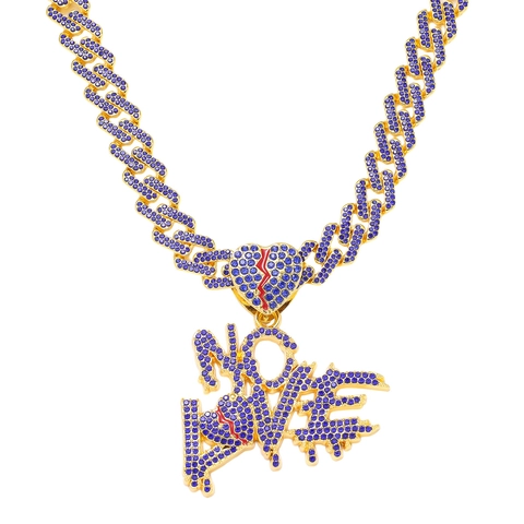 Collier avec Pendentif Cœur Brisé Lettres NO LOVE en Alliage de Zinc Strass Homme Hip Hop Chaîne Gourmette Bijoux Streetwear