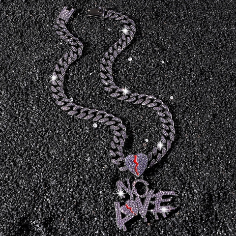Collana con Ciondolo Lettera No Love Hip Hop da Uomo con Strass Viola Catena a Maglia Cubana in Lega di Zinco