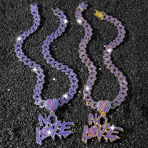 Collier avec Pendentif Cœur Brisé Lettres NO LOVE en Alliage de Zinc Strass Homme Hip Hop Chaîne Gourmette Bijoux Streetwear