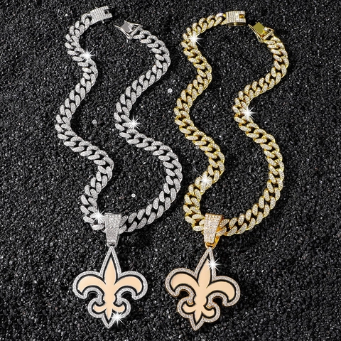 Hip Hop Fleur-De-Lis Pendant Necklace Zinc Alloy Rhinestone Inlaid Cuban Link Chain Bling Men Street Jewelry Party Accessory