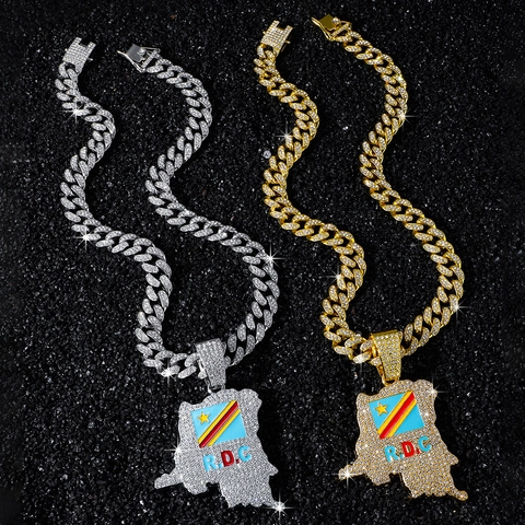 Collana con Ciondolo Mappa della Repubblica Democratica del Congo Hip Hop con Strass Uomo Lega di Zinco Gioielli