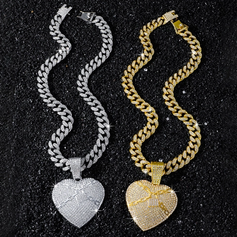 Collana con Pendente Cadenas a Forma di Cuore Hip Hop per Uomo Catena Cubana in Lega di Zinco con Strass Gioielli alla Moda Regalo