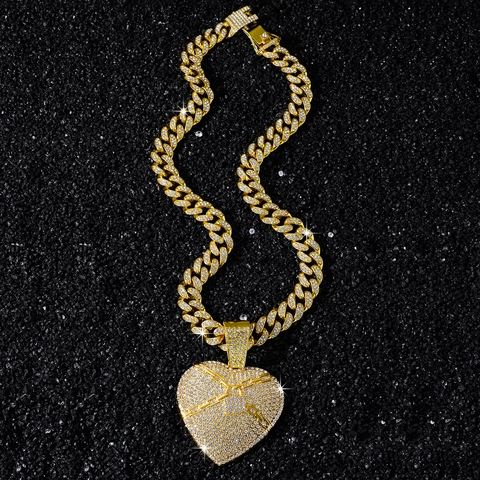 Herren Iced Out Strass Herz Anhänger Halskette Hip-Hop Legierung Panzerkette Herzschloss Punk Street Style Schmuck