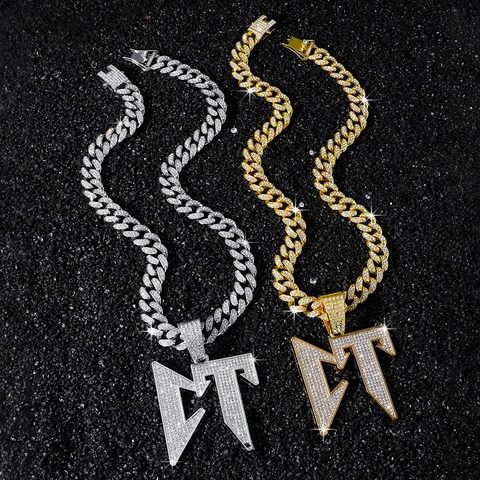 Men Hip Hop Iced Out Rhinestone CT Letter Pendant Necklace Zinc Alloy Cuban Link Chain Gold Silver Jewelry For Party