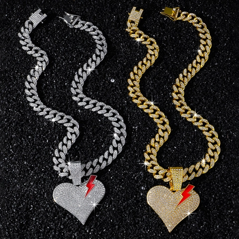 Men Hip Hop Iced Out Broken Heart Pendant Necklace Zinc Alloy Rhinestone Pave Cuban Link Chain Personality Fashion Jewelry