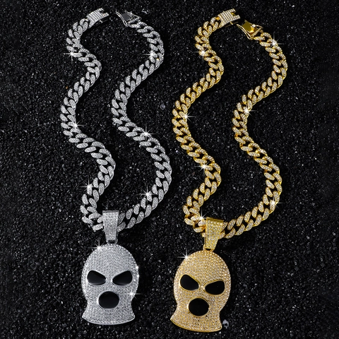 Collana da Uomo Hip Hop Iced Out con Ciondolo Passamontagna Lega di Zinco Maglia Cubana Oro Argento Strass Gioielli