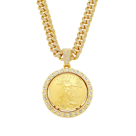Collana da Uomo Hip Hop Iced Out Catena Cubana con Ciondolo a Moneta Rotante Statua della Libertà in Lega di Zinco Strass
