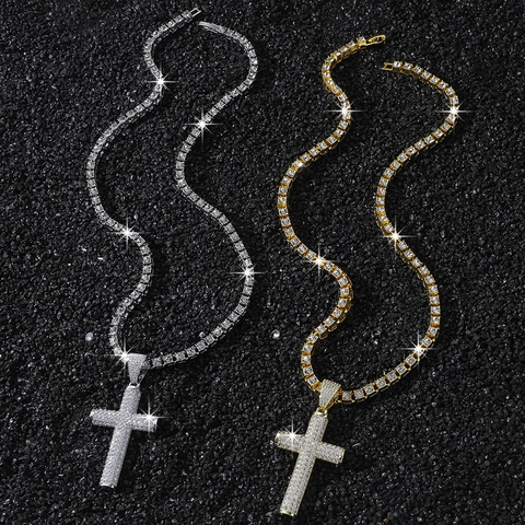 Collana Con Ciondolo a Croce Hip Hop Per Uomini Ghiacciato Lega di Zinco Strass Catena Tennis Oro Argento Placcato Gioielli Punk Festa