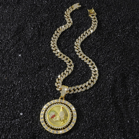 Collana Hip Hop da Uomo con Ciondolo Gallo Rotante Iced Out Strass Catena a Maglia Cubana Lega di Zinco Gioielli Streetwear