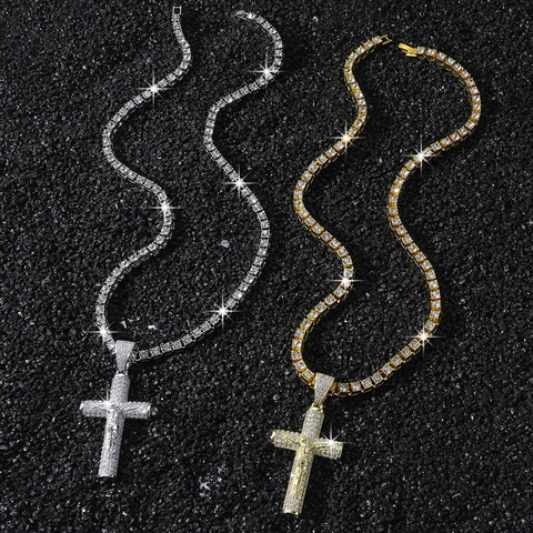Collana Con Pendente a Croce di Gesù Hip Hop in Lega di Zinco Con Catena Tennis Strass Pavé per Gioielli da Uomo Stile Punk