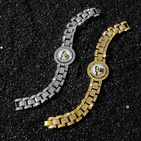 Pulsera Hip Hop para Hombre con Diamantes de Imitación Medallón Religioso Virgen y Niño Cadena de Aleación Joyería