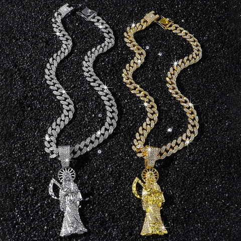 Collana Con Ciondolo Santa Muerte Hip Hop Iced Out Lega Di Zinco Strass Catena Cubana Gioielli Di Personalità Per Uomo