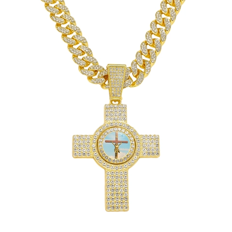 Collana con Pendente a Croce Iced Out Hip Hop per Uomo Lega di Zinco Strass Motivo Religioso Gesù Catena a Maglia Cubana