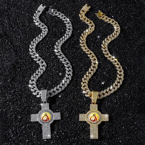 Hip Hop Rotating Jesus Portrait Cross Pendant Necklace Zinc Alloy Rhinestone Cuban Link Chain Jewelry For Men