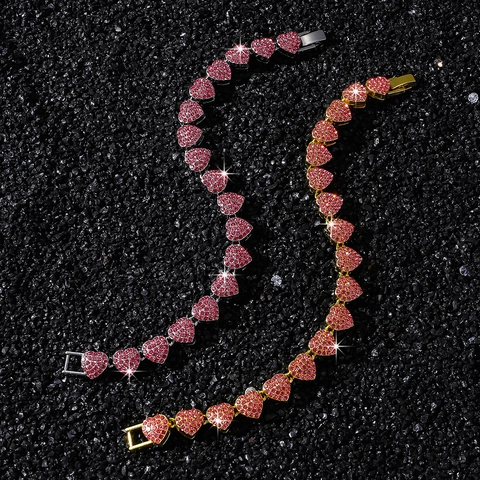 Pulsera de Eslabones de Corazón Rosa Hip Hop Aleación con Strass Joyería de Moda para Hombre Mujer Accesorios de Fiesta de Tendencia Regalo