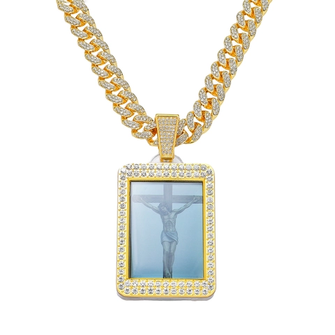 Hiphop Men Zinc Alloy Rhinestone Jesus Cross Pendant Necklace With Gold Silver Plated Cuban Chain Religious Square Jewelry