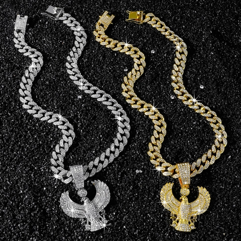 Hip Hop Iced Out Eagle Pendant Necklace For Men Zinc Alloy Rhinestone Cuban Link Chain Gold Silver Color Jewelry Gift